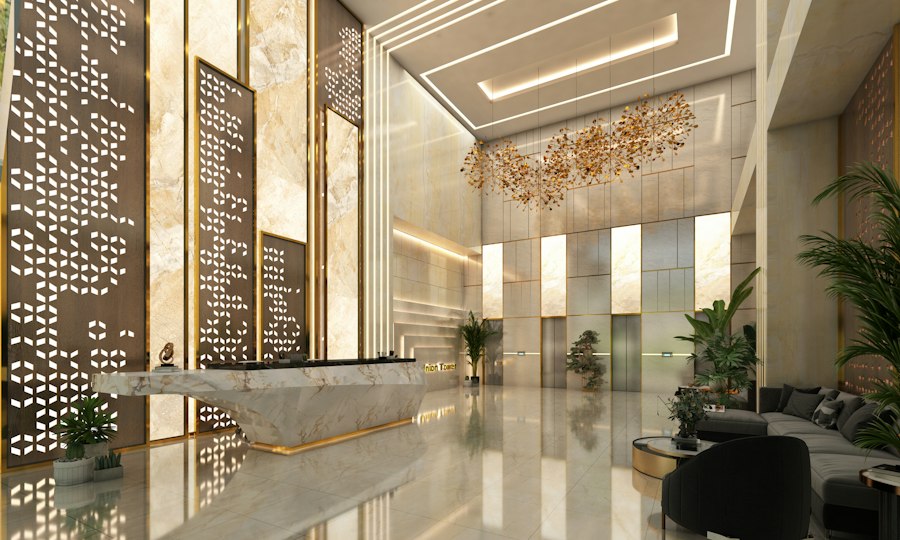 Lobby with marble reception desk